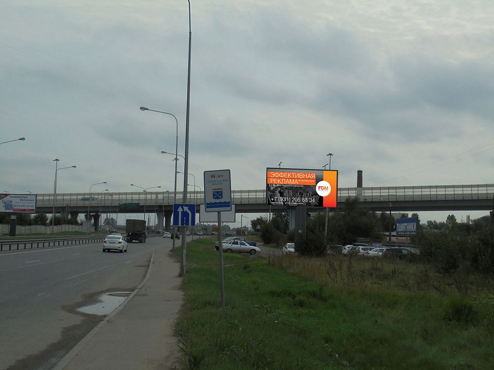 Размещение рекламы на щите 3х6: Октябрьская наб., 150 м до КАД ( Вантовый мост), а/д СПб-Свердлова-Всеволожск, правая сторона дороги сторона А